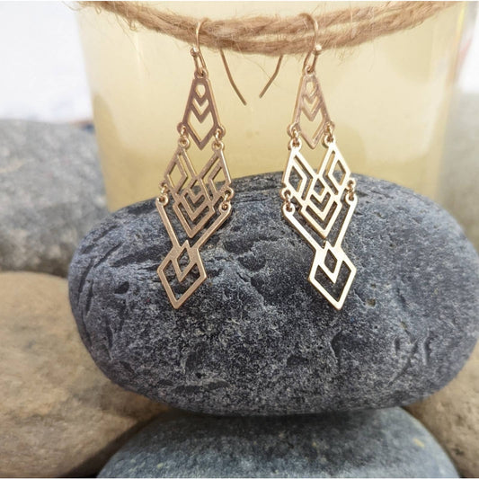 Aztec Geometric Gold Dangle Statement Hook Earrings