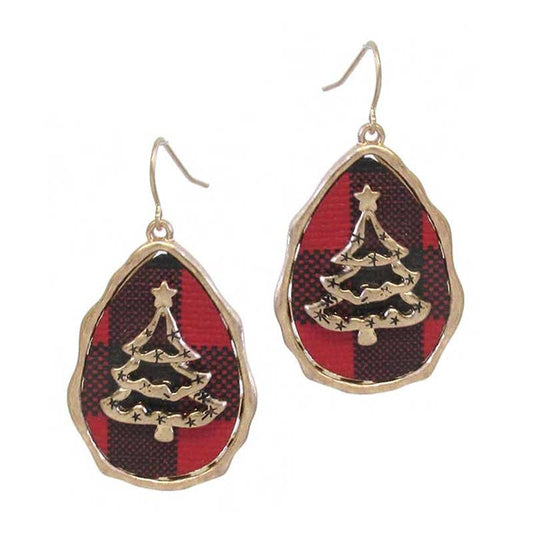 Gold Trees on Red and Black Buffalo Check Teardrop Hook Earrings