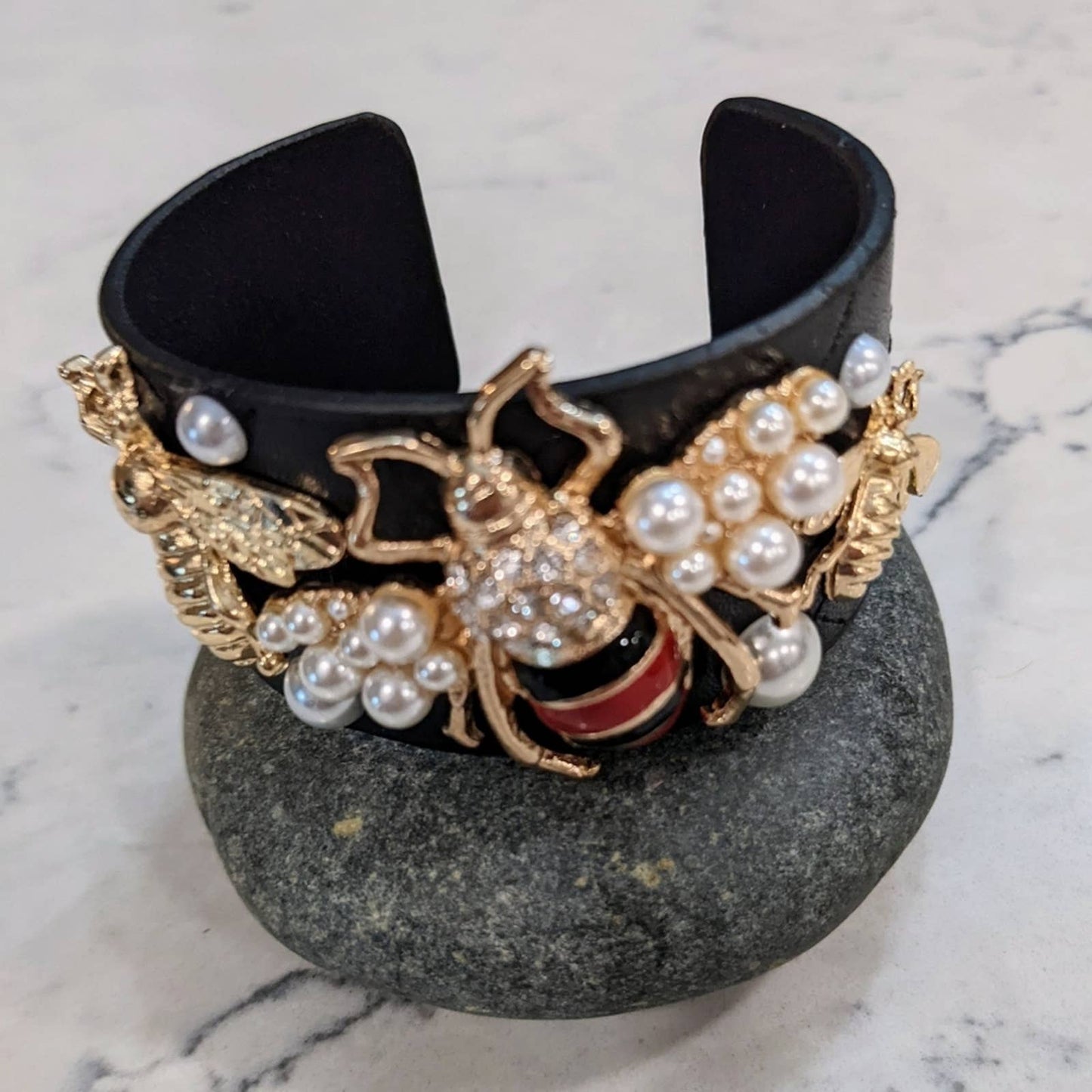 Quilted Bracelet Style Cuff Featuring Gold Tone Sparkle Bees