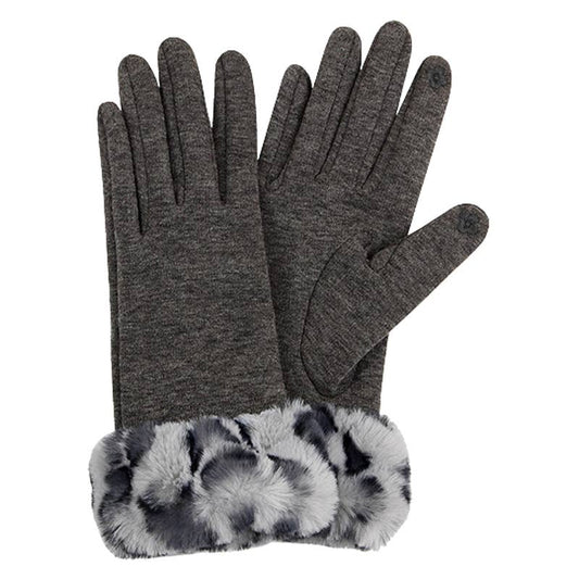Gray Tech Gloves with Leopard Faux Fur Cuff Adult One Size NEW