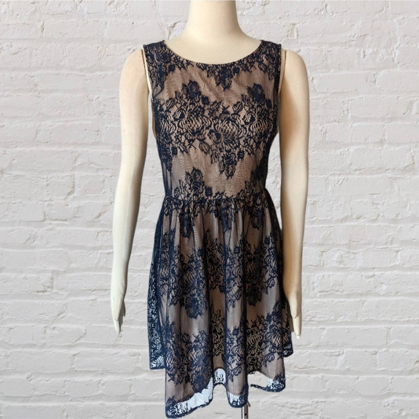 FOREVER 21 Navy Blue Lace Party Dress with Tan Lining Large