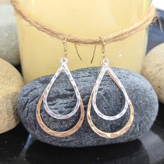 Hammered Gold and Silver Teardrop Hoop Hook Earrings