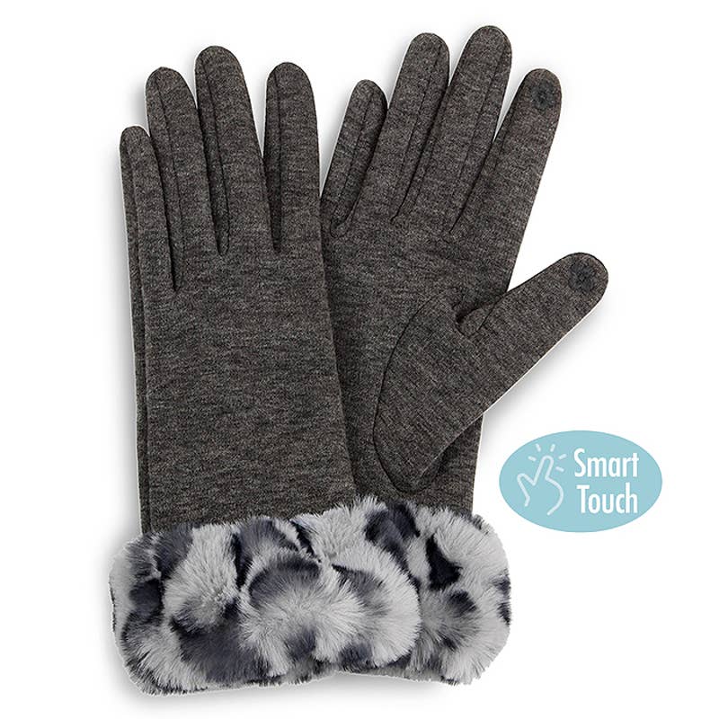 Gray Tech Gloves with Leopard Faux Fur Cuff Adult One Size NEW