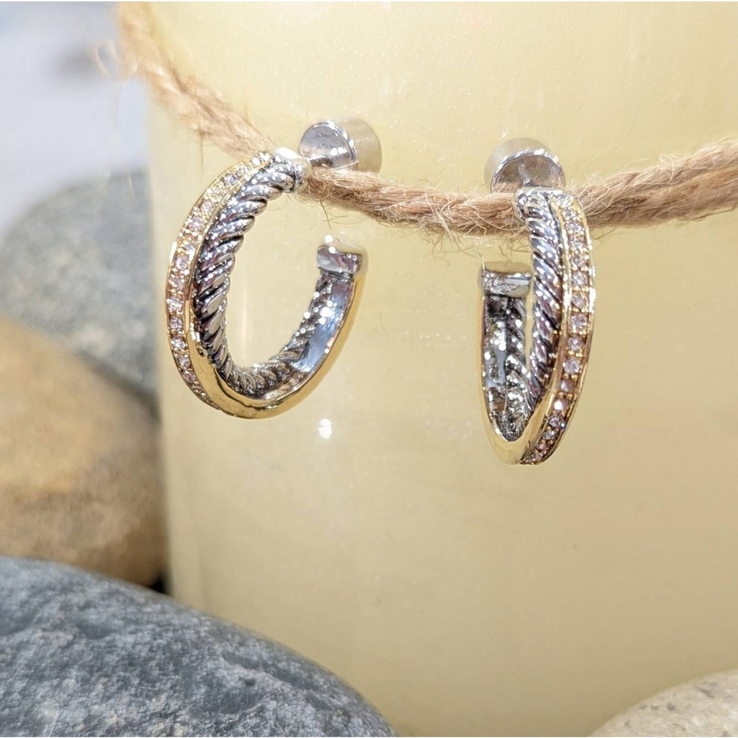 GOLD SILVER Two Tone Sparkle Twisted Rope Hoop Earrings