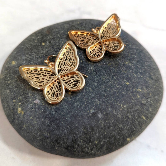 Butterfly Gold Tone Filagree 3D Hook Earrings