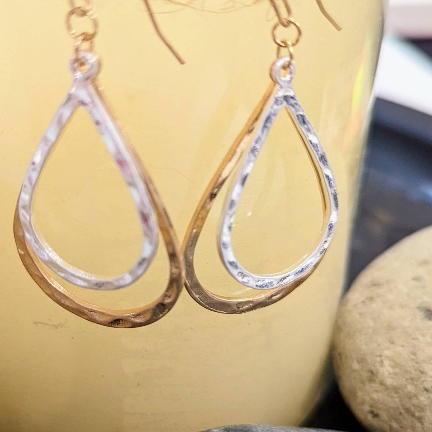 Hammered Gold and Silver Teardrop Hoop Hook Earrings