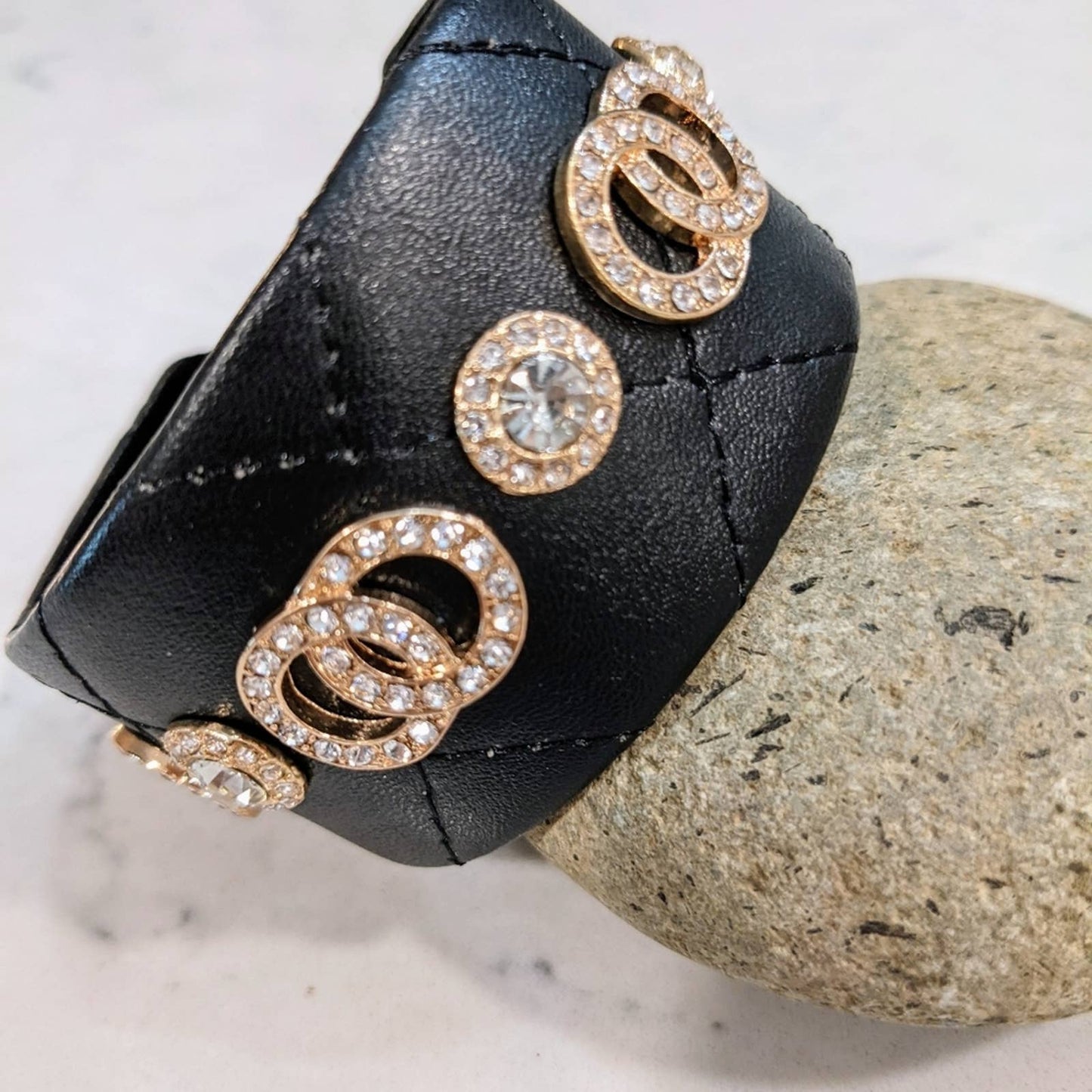 Quilted Bracelet Style Cuff Featuring Gold Tone Sparkle Interlocking Circles