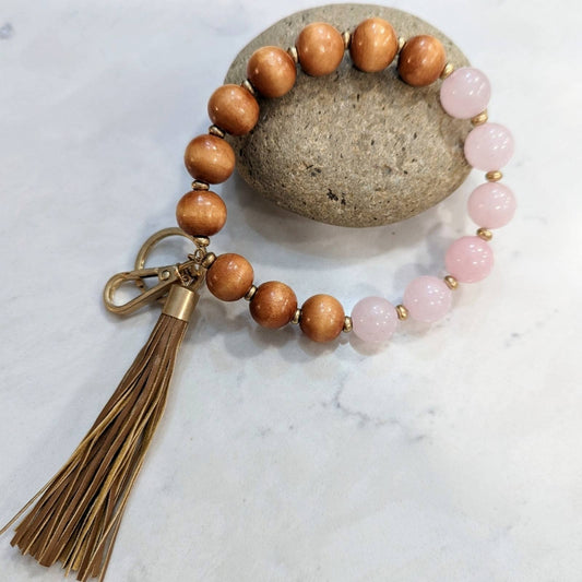 WOOD AND PINK STONE Gold Tone Bracelet Style Keychain with Tassel and Clip