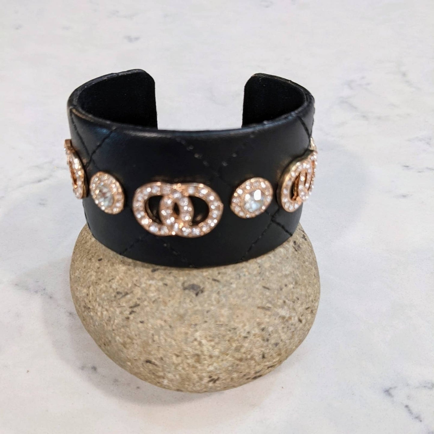 Quilted Bracelet Style Cuff Featuring Gold Tone Sparkle Interlocking Circles