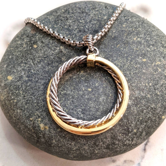 GOLD SILVER Two Tone Sparkle Twisted Rope Circle Pendant Necklace