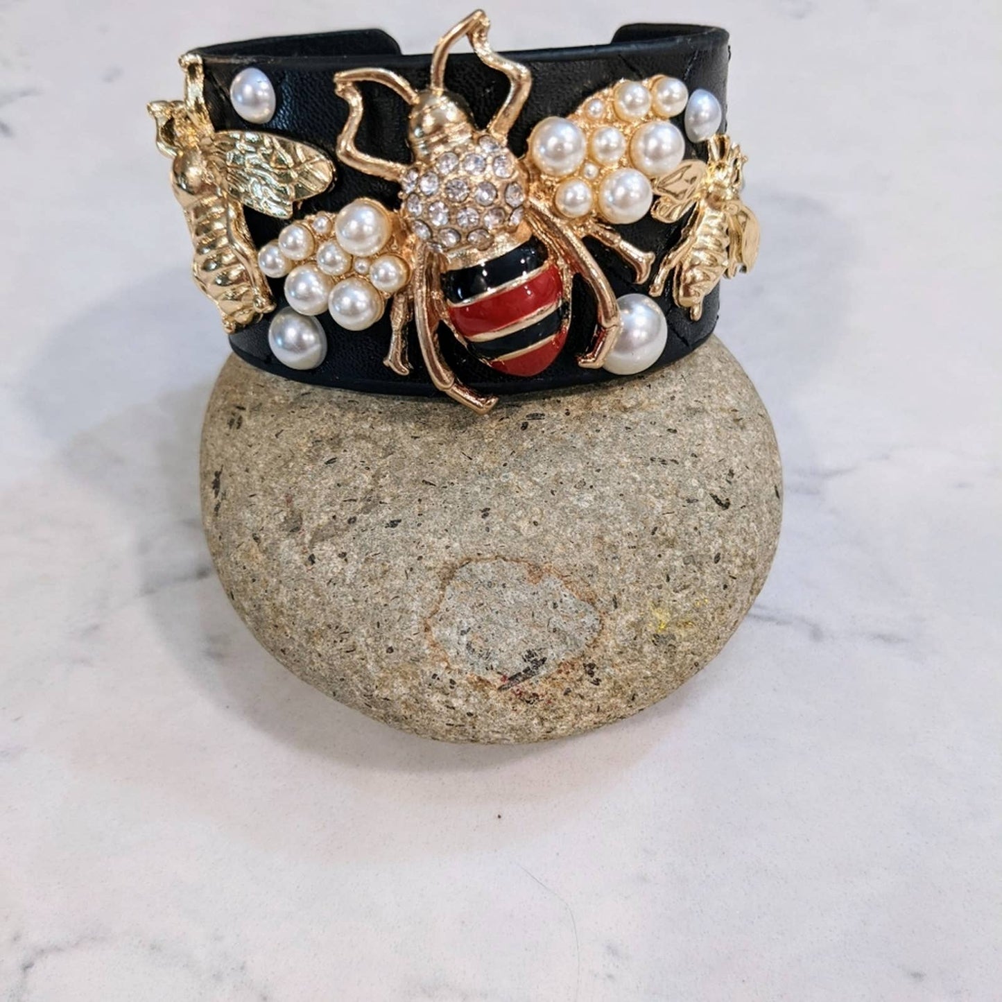 Quilted Bracelet Style Cuff Featuring Gold Tone Sparkle Bees