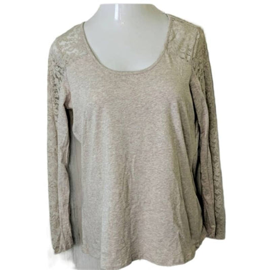 AMBIANCE Tan Heathered Top Lace Shoulders 2X NEW