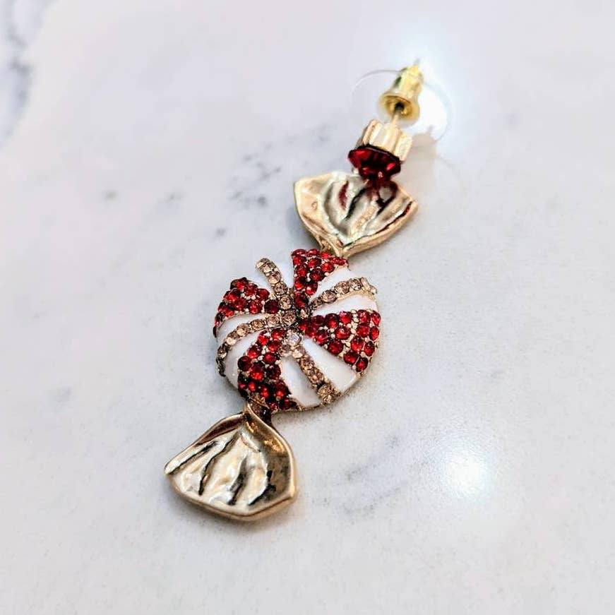 Holiday Sparkle Red and White Peppermint Dangle Post Earrings Christmas
